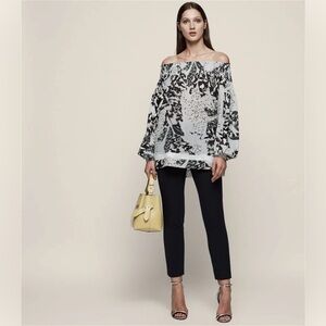 REISS Christa Off-The-Shoulder Long Sleeve Printed Blouse Top, Size 4